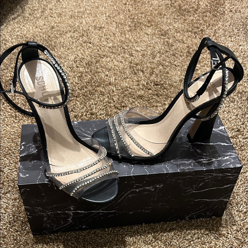 SCHUTZ Black and Clear Strappy Heels size 6 with rhinestones